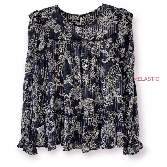 NEW Blouse Boho Tiered Ruffle Hem Swing Long Sleeves Crew Neck Elastic Cuffs - Picture 9 of 16